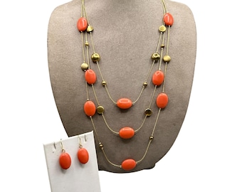 Faux Coral And Gold Tone Necklace And Earrings Set Multi Strand Necklace And Dangle Earrings