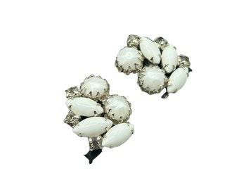 Vintage Milk Glass White Clip On Earrings Prong Set Stones Silver Tone Setting