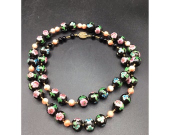 Cloisonne Pink Coral Necklace Chinese Export Sterling Clasp Oriental Jewelry
