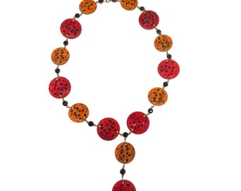 Schreiner Documented Necklace Book Piece Red Orange Hand Painted Porcelain Discs