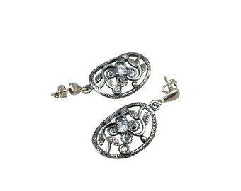 Classic Sterling Silver Flower Design Earrings With Clear Stones Pierced Dangle Drops