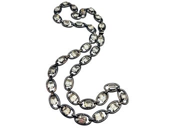 Vintage Chunky Links necklace With Rhinestones GunMetal Color Clear Glass Stones
