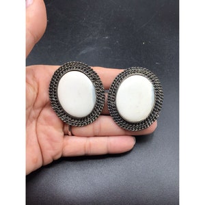 Big Statement Earrings White & Silver Tone with Cabochons Oversized Oval Clips