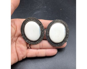Big Statement Earrings White & Silver Tone with Cabochons Oversized Oval Clips