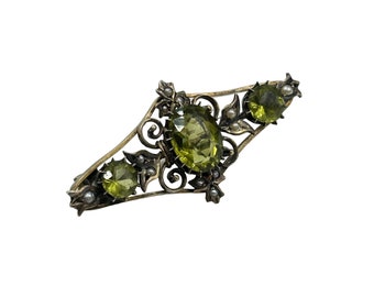 Antique Victorian Peridot & Seed Pearls Sterling Brooch Green Stones Elegant Pin