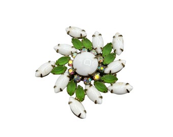 White & Green Rhinestones Flower Brooch Vintage Costume Jewelry Prong Set Stones