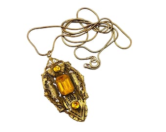 Vintage Art Deco Czech Glass Necklace Amber Glass Stone Pendant Brass Setting