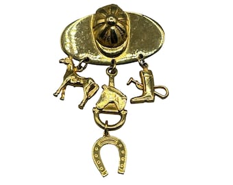 Equestrian Theme Pin Brooch Horseshoe Helmet Boots Horse Gold Tone Metal