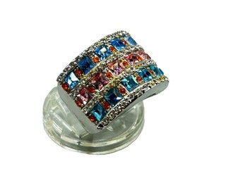 Colorful Pink Blue Ring Size 7 Pastel Glass Stones Wide Band Silver Tone Metal