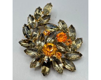 Vintage Rhinestones Brooch Smokey & Orange Glass Stones Layered Design Prong Set