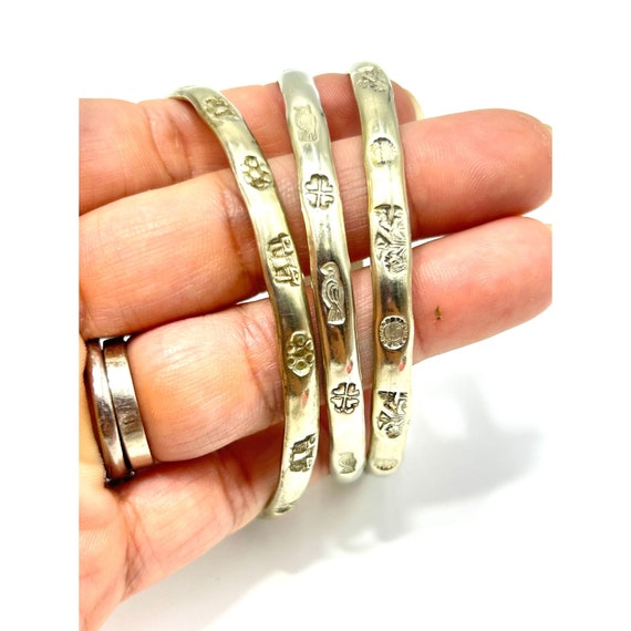 Mexican Bracelets Set of 3 Bangles Silver Tone St… - image 2