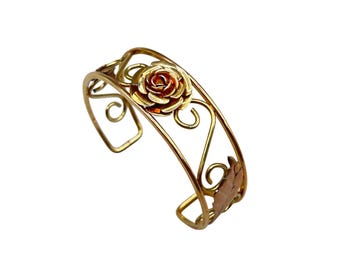 Vintage Art Deco Cuff Bracelet Unsigned Krementz Rose Scrolls And Leaves
