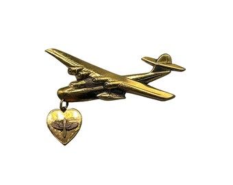 World War II Era Military Airplane Brass Pin C Clasp Aircraft Plane Heart Dangle