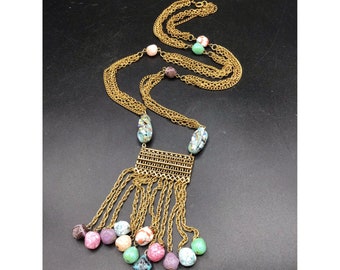 Statement Multi Chain Tassel Fringe Necklace Gold Tone Colorful Glass Beads