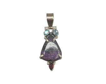 Handcrafted Silver 925 Pendant Semi Precious Stones Charoite Topaz & Garnet