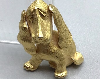 Monet Hound Dog Brooch Vintage Floppy Ears Puppy Pin Gold Tone Designer Signed