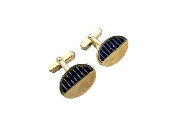 Vintage Swank Cufflinks Gold Tone Blue Textured Sides Mid Century Modern Design