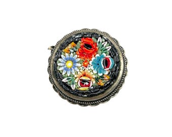 Vintage Italian Micro Mosaic Floral Brooch Handcrafted Round Silver Tone Frame