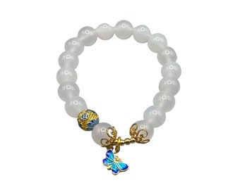 Vintage Semi-Precious Stone Bracelet With Butterfly Charm Beaded Elastic Stretch