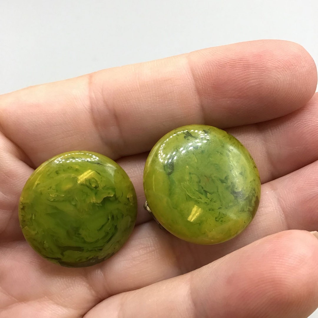 Vintage Bakelite Clip on Earrings Marbled Green Color Round Domed
