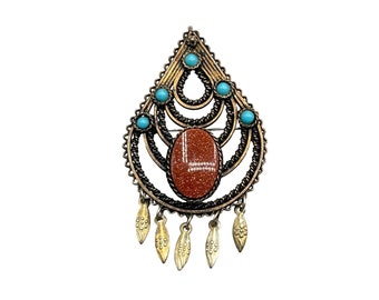Vintage Silver 800 Pin Brooch Pendant Goldstone and Blue Ballotini Drop Shape