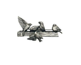 Vintage Birds on a Log Pin Brooch Signed 1999 M. Bastin Pewter Birds Animal Pin
