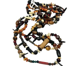 Vintage Multi Strand Necklace Colorful Coral Wood Stone Beaded Ethnic Jewelry