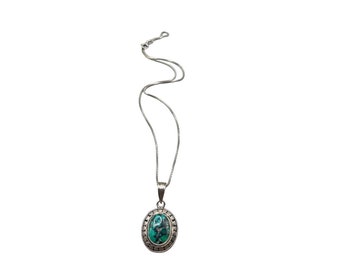 Vintage Turquoise Necklace Sterling Silver Oval Shaped Beautiful Blue Stone