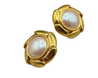 Gold Tone Pearls Cabochon Earrings Floral Flower Design Clip On 90s Costume Jewelry