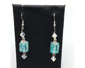 Blue Glass Dangle Earrings Fashion Pierced Drops Square Beads Silver Tone Hooks