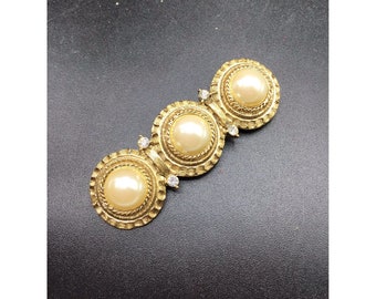 Kirks Folly Signed Elegant Bar Pin Gold Tone with Faux Pearls & Rhinestones