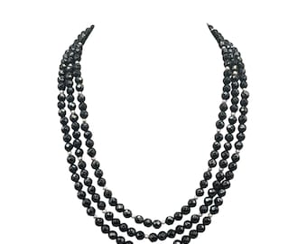 Triple Strand Black Onyx Necklace Sterling Silver Spacind Beads And Clasp
