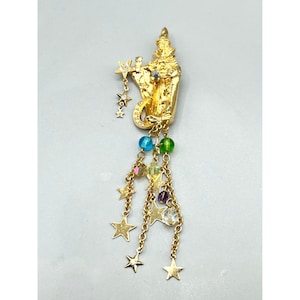 Kirks Folly Wizard Brooch Merlin Magician Wizard with Owl Stars Moon Dangles