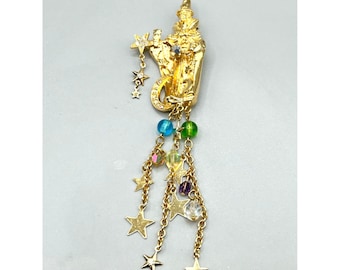 Kirks Folly Wizard Brooch Merlin Magician Wizard with Owl Stars Moon Dangles