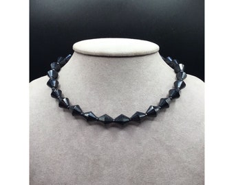 W. Germany Bicone Bead Necklace Black Faceted Short Strand Molded Glass Necklace