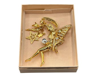 Kirks Folly Pin Brooch Goldtone Rhinestone Fairy Godmother With Dangle Stars New In Box