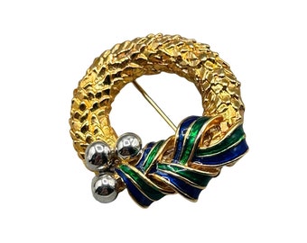 Vintage Classic & Elegant Wreath Pin Brooch Textured Gold Tone Green Blue Enamel