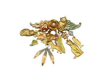 Loaded Charm Dangles Cats Pin Brooch Handcrafted Assemblage Pin Gold Tone
