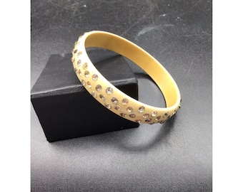 Art Deco Celluloid & Rhinestones Bangle Bracelet in Cream Color Pasted Stones