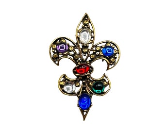 Vintage Jeweled Fleur De Lis Pin Brooch Gold Tone Red Blue Green Purple Cabochon