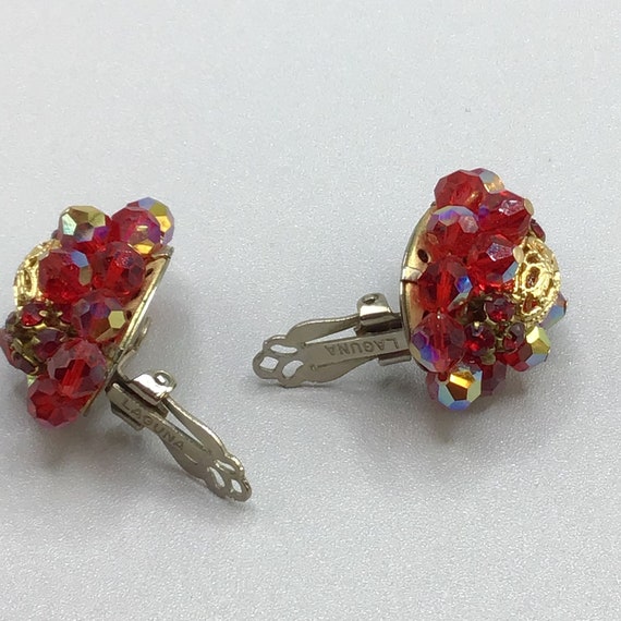 Signed LAGUNA Red AB Clusters Earrings Clip On Be… - image 5