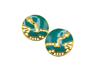 Berebi Earrings Gold Tone and Teal Blue Enamel Pierced Round Stud Earrings