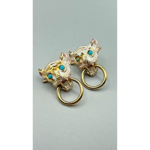 Vintage Löwen-Türclip-Ohrringe mit goldfarbenen und weißen Emaille-blauen Augen