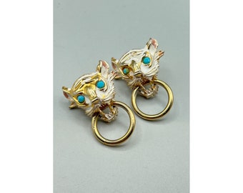Vintage Lion Door Clip On Knockers Earrings Gold Tone and White Enamel Blue Eyes