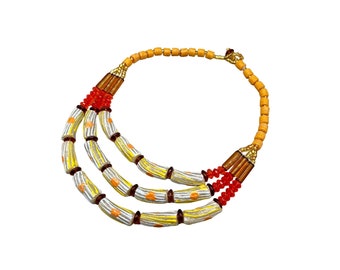 Handcrafted Art Glass Beads Necklace Bib Style Yellow and Orange Beaded Jewelry