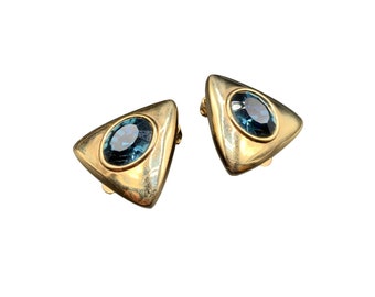 Navy Blue & Gold Tone Clip On Earrings Triangle Shaped Blue Glass Stones Signed