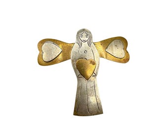 Vintage 1970s Angel Pin Brooch Brutalist Mixed Metal Angel Holding A Heart