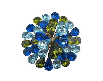 Vintage Blue And Green Rhinestones Brooch Layered Round Domed Design