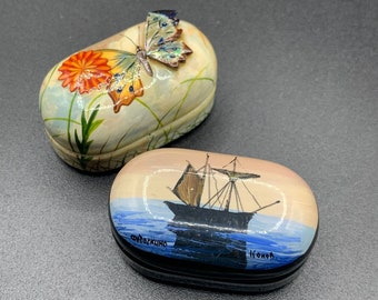 Russian Lacquer Pill Boxes Set OF two Butterfly and Boat Pair of Pill Shaped Miniature Trinket Boxes