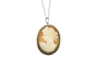 Vintage Cameo Necklace Left Facing Genuine Carved Shell Silver 800 Pendant